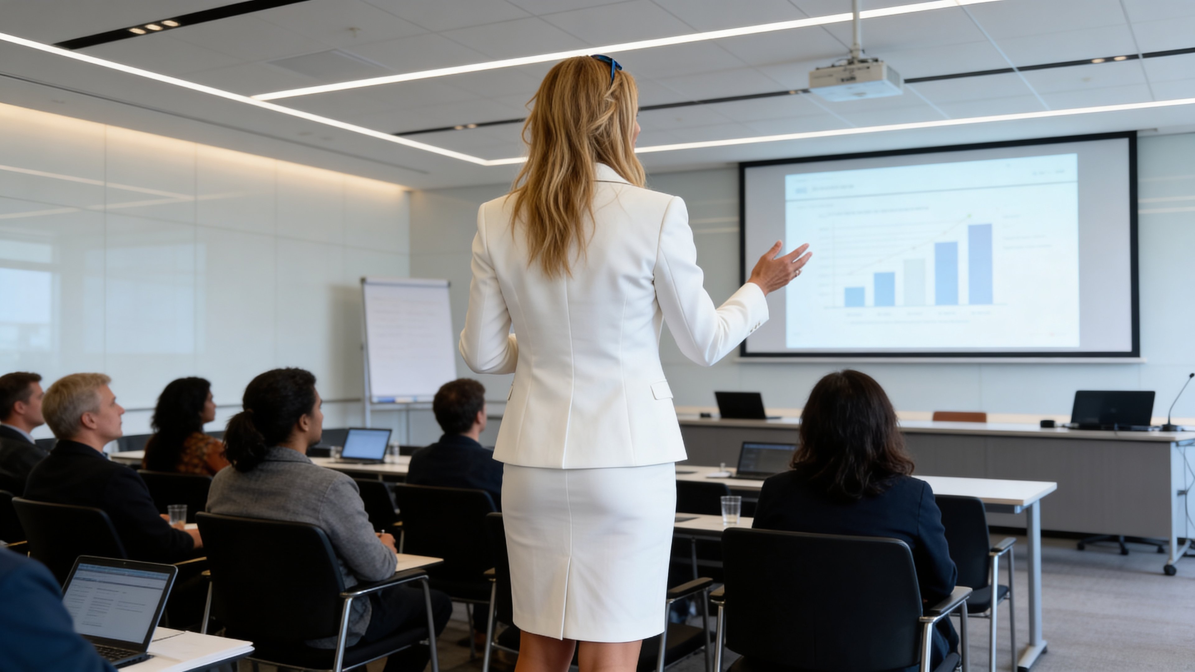 Line Lubin animant une session de travail devant des professionnels